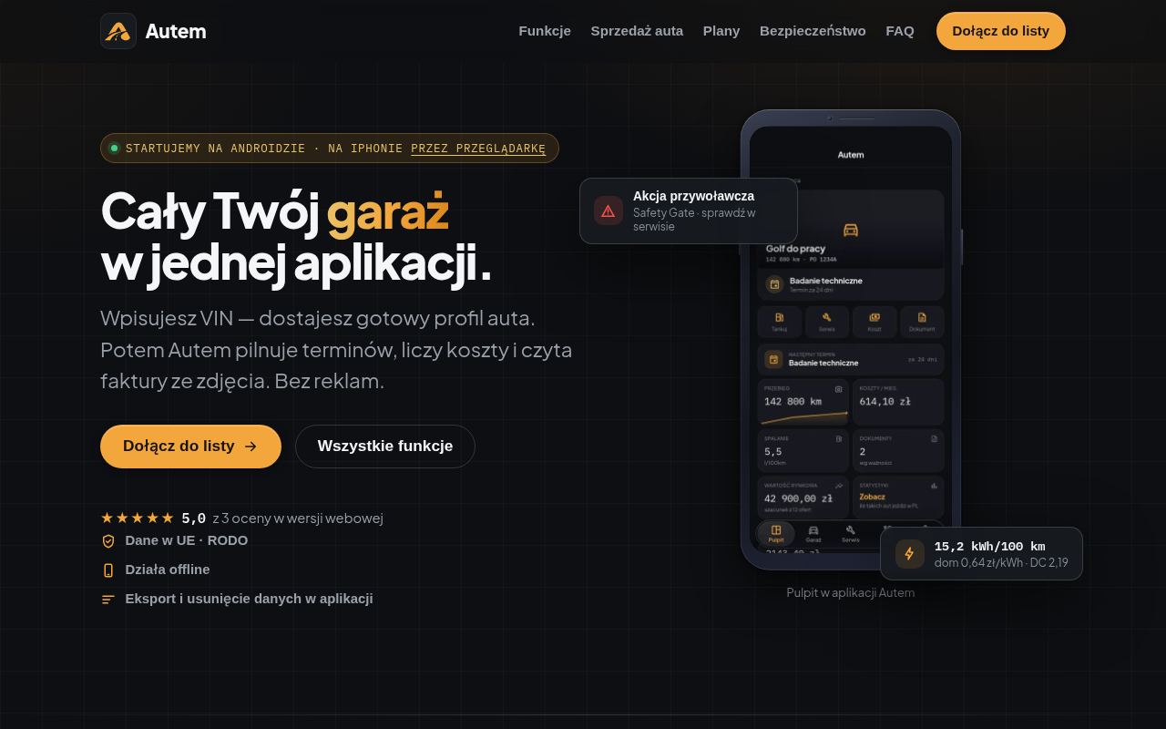 Strona główna aplikacji Autem